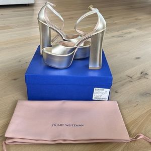 Stuart Weitzman Skyhigh Metallic Ankle-Strap Platform Pumps, Size 8